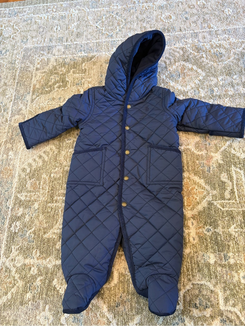 Ralph Lauren Quilted Navy Hooded Baby One-Piece Snowsuit